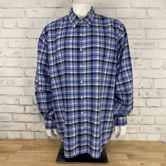 Ralph Lauren Shirt Men's 2XB‎ Big Long Sleeve Button Down Blue Plaid Pony - Picture 1 of 14